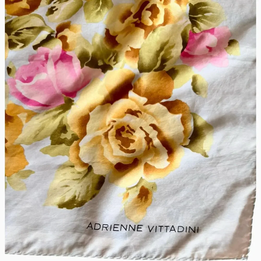 Vintage Adrienne Vittadini Silk Scarf 1990s Gold Pink Rose Floral 34 Square